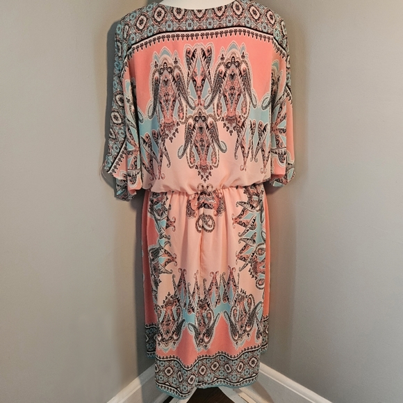 Cato Peach and Teal Boho Print Faux Wrap Style Dress with Deep V Neck - Picture 8 of 11